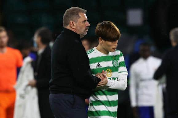 Celtic Manager Ange Postecoglou and Kyogo Furuhashi during a UEFA Europa League group stage match between Celtic and Bayer Leverkusen. (Photo by Craig Williamson / SNS Group)