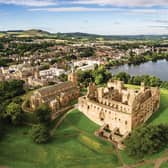 The ruins of Linlithgow Palace and St. Michael's church from the air. Linlithgow, West Lothian, Scotland.