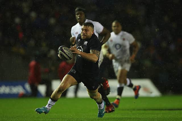 Rory Sutherland takes the game to England during last season's Six Nations match at Murrayfield. Picture: Ian MacNicol/Getty Images