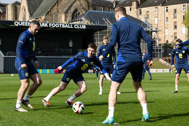 Billy Gilmour and John McGinn during a Scotland training session at Lesser Hampden on Tuesday.