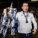 LARBERT, SCOTLAND - MAY 05: Dundee manager Gary Bowyer with the trophy during a cinch Championship match between Queen's Park and Dundee at Ochilview Park, on May 05, 2023, in Larbert, Scotland. (Photo by Alan Harvey / SNS Group)