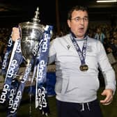 LARBERT, SCOTLAND - MAY 05: Dundee manager Gary Bowyer with the trophy during a cinch Championship match between Queen's Park and Dundee at Ochilview Park, on May 05, 2023, in Larbert, Scotland. (Photo by Alan Harvey / SNS Group)