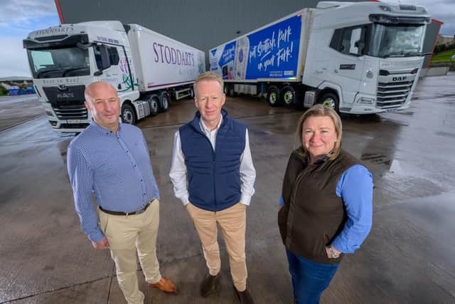 From left: Wayne Godfrey of Browns Food Group, and Grant Moir and Julie Fancourt of AK Stoddart at the Browns manufacturing plant in Sanquhar. Picture: Sandy Young Photography.