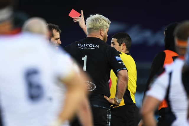 Glasgow's Oli Kebble (no 1) was sent off against Edinburgh during last season's Rainbow Cup match at Scotstoun but was replaced 20 minutes later. (Photo by Ross MacDonald/SNS)