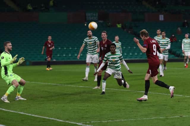 Ladislav Krejci of Sparta Prague scores his team's fourth goal vs Celtic. (Photo by Ian MacNicol/Getty Images)
