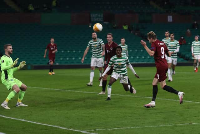 Ladislav Krejci of Sparta Prague  scores his team's fourth goal  vs Celtic. (Photo by Ian MacNicol/Getty Images)