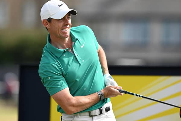 Rory McIlroy watches his tee shot at the second during the third round of the 150th Open at St Andrews. Picture: Ian Rutherford.