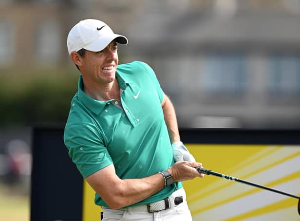 Rory McIlroy watches his tee shot at the second during the third round of the 150th Open at St Andrews. Picture: Ian Rutherford.