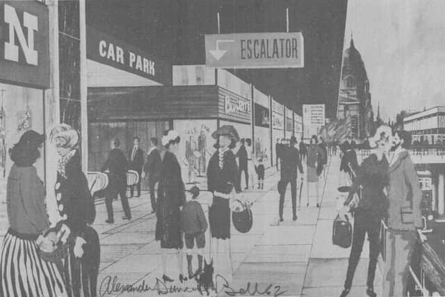 Where pedestrians walked above the cars. A new pedestrian deck sits over Nicolson Street with a view opening up towards Old College. Illustration by Alexander Duncan Bell from the Collection of Clive Fenton, University of Edinburgh.