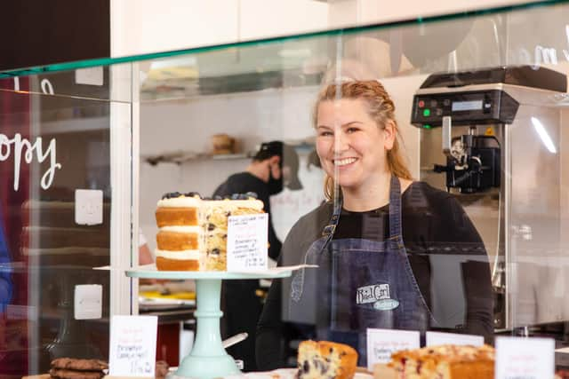 Behinh the counter at Bad Girl Bakery