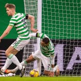 Christopher Jullien collides with the posts and suffers an injury during Celtic's win over Dundee United. Picture: SNS