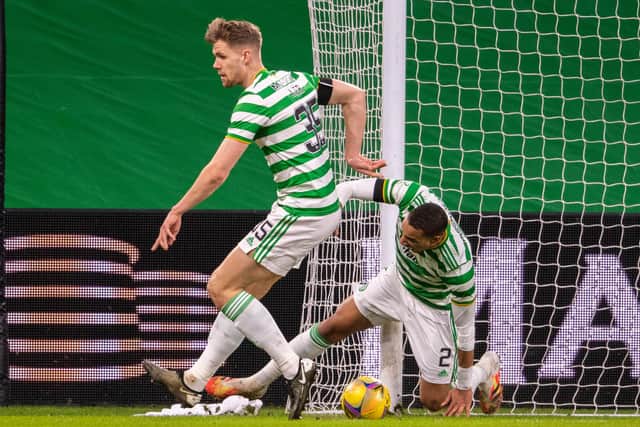 Christopher Jullien collides with the posts and suffers an injury during Celtic's win over Dundee United. Picture: SNS