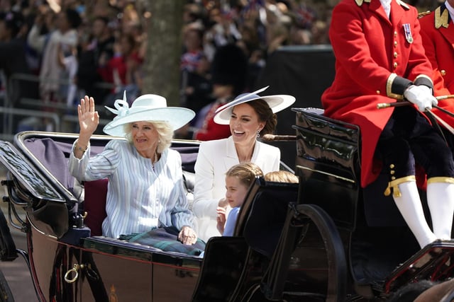 The Duchess of Cornwall, the Duchess of Cambridge and Princess Charlotte ride in a carriage as the Royal Procession returns to Buckingham Palace following the Trooping the Colour ceremony at Horse Guards Parade, central London, as the Queen celebrates her official birthday, on day one of the Platinum Jubilee celebrations.  Picture date: Thursday June 2, 2022. PA Photo. See PA story ROYAL Jubilee. Photo credit should read: Jonathan Brady/PA Wire