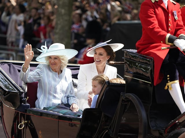 The Duchess of Cornwall, the Duchess of Cambridge and Princess Charlotte ride in a carriage as the Royal Procession returns to Buckingham Palace following the Trooping the Colour ceremony at Horse Guards Parade, central London, as the Queen celebrates her official birthday, on day one of the Platinum Jubilee celebrations. Picture date: Thursday June 2, 2022. PA Photo. See PA story ROYAL Jubilee. Photo credit should read: Jonathan Brady/PA Wire