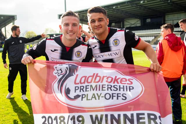 St Mirren's Kyle McAllister (L) and Kyle Magennis celebrate winning the Ladbrokes Premiership Play Offs in 2019.