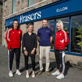 From left: Leanne Watt, business development executive at Frasers of Ellon; player Millie Urquhart; Colin McKay, Frasers of Ellon MD and Bailey Collins of AFC Women. Photo by Ross Johnston.