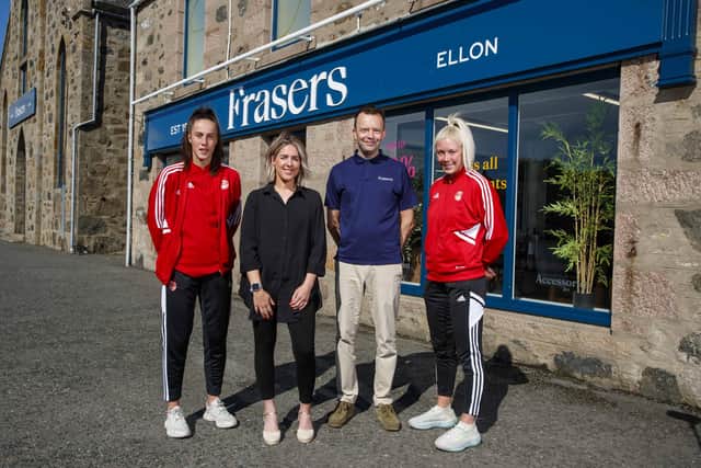 From left: Leanne Watt, business development executive at Frasers of Ellon; player Millie Urquhart; Colin McKay, Frasers of Ellon MD and Bailey Collins of AFC Women. Photo by Ross Johnston.