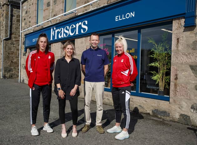 From left: Leanne Watt, business development executive at Frasers of Ellon; player Millie Urquhart; Colin McKay, Frasers of Ellon MD and Bailey Collins of AFC Women. Photo by Ross Johnston.
