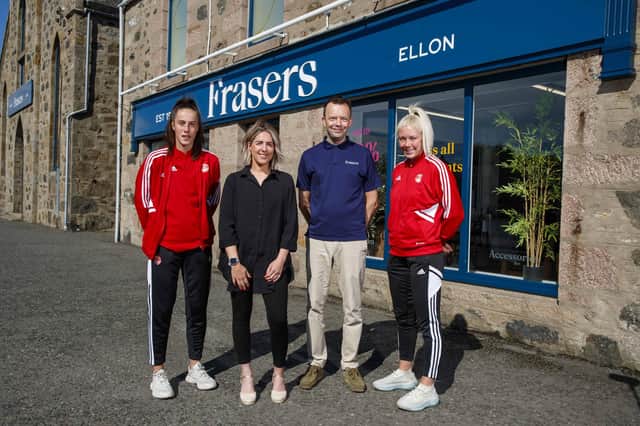 From left: Leanne Watt, business development executive at Frasers of Ellon; player Millie Urquhart; Colin McKay, Frasers of Ellon MD and Bailey Collins of AFC Women. Photo by Ross Johnston.