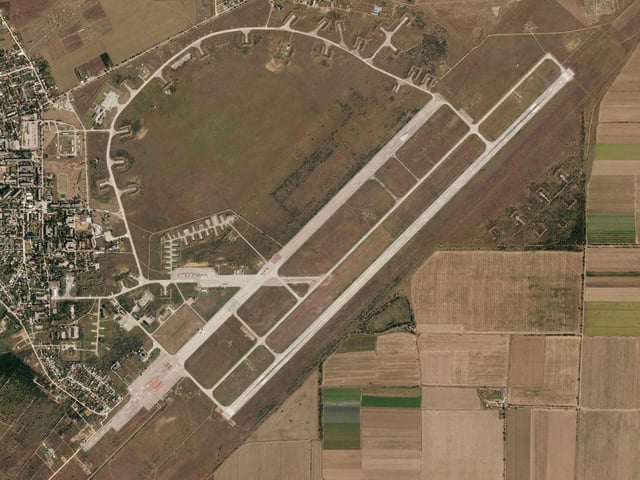 A satellite image by Planet Labs PBC shows Saki Air Base before an explosion Tuesday, Aug. 9, 2022, in the Crimean Peninsul (Planet Labs PBC via AP)