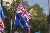 A Union flag and EU flag outside the Houses of Parliament. PIC: Steve Parsons/PA Wire