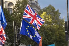 A Union flag and EU flag outside the Houses of Parliament. PIC: Steve Parsons/PA Wire