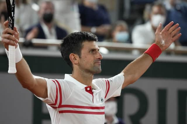 Novak Djokovic reacts as he defeats Rafael Nadal during their semi-final at the French Open. Picture: Michel Euler/AP