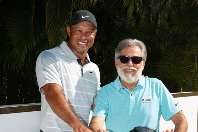 Hero World Challenge host Tiger Woods and Dr Pawan Munjal, the chairman, managing director and CEO of Hero MotoCorp, pictured at Albany in the Bahamas. Picture: Hero MotoCorp