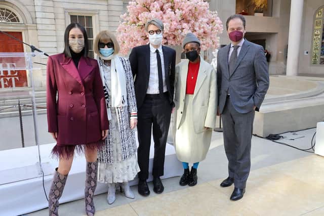 Eva Chen, Anna Wintour, Anthony Bolton, Janicza Bravo, and Max Hollein attend the Costume Institute's "In America: An Anthology Of Fashion" Press Preview at The Metropolitan Museum of Art on February 15th. Photo: Cindy Ord/Getty Images.