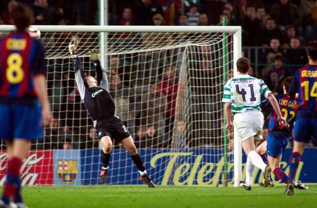 Celtic novice David Marshall pulls off a stunning save from  Luis Garcia to cap a man of the match performance as the Parkhead men ousted Barcelona from the UEFA Cup in March 2004. (Photo by Alan Harvey/SNS Group).