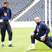 Craig Gordon, left, with now retired fellow Scotland keepers Allan McGregor and David Marshall. The trio have played in all but three of the country's qualifiers over the past 17 years and the Hearts keeper believes the stricken Andy Goram was a inspiration in showing them what was possible. (Photo by Jeff Holmes/SNS Group).