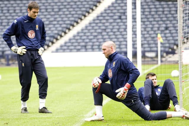 Craig Gordon, left, with now retired fellow Scotland keepers Allan McGregor and David Marshall. The trio have played in all but three of the country's qualifiers over the past 17 years and the Hearts keeper believes the stricken Andy Goram was a inspiration in showing them what was possible. (Photo by Jeff Holmes/SNS Group).