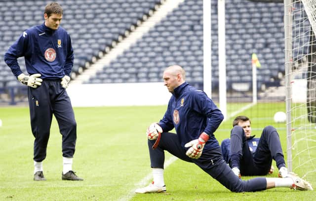 Craig Gordon, left, with now retired fellow Scotland keepers Allan McGregor and David Marshall. The trio have played in all but three of the country's qualifiers over the past 17 years and the Hearts keeper believes the stricken Andy Goram was a inspiration in showing them what was possible. (Photo by Jeff Holmes/SNS Group).