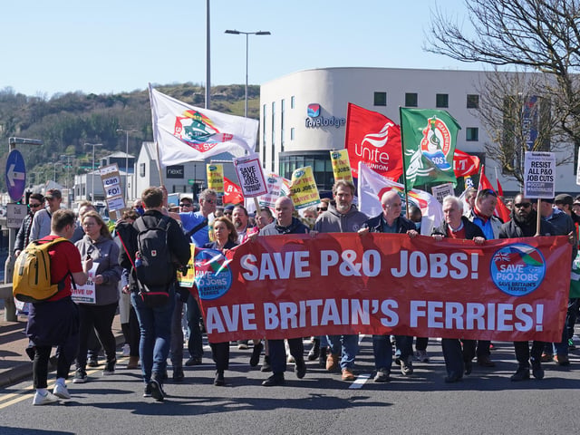 People protest on Snargate Street in Dover. On the P&O crisis the Prime Minister’s official spokesman said: “There are rules around fire and rehire. There are rules around notifying relevant government departments when you are making redundancies, and obviously there are the contracts that we have with the company.

“We are looking at all of those issues before deciding what steps (to take). We will find out the facts and see if they have complied with the law.”