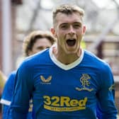Cole McKinnon celebrates scoring on his Rangers debut in the 3-1 win over Hearts on May 14, 2022. (Photo by Ross Parker / SNS Group)