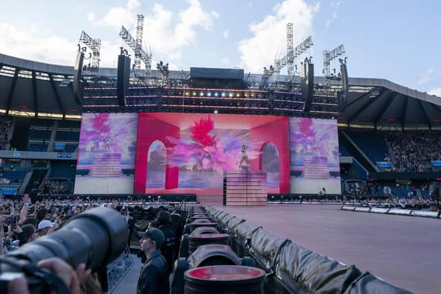 Taylor Swift performs on stage during her Eras Tour at the Murrayfield Stadium in Edinburgh.