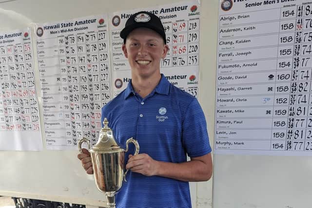 The smile on his face says it all as US-based Scot Niall Shiels Donegan gets his hands on the Hawaii State Amateur Championship trophy for the second year in a row.