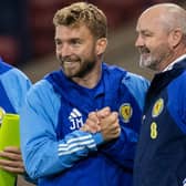 James Morrison (left) with Scotland manager Steve Clarke after the win over Georgia at Hampden. (Photo by Alan Harvey / SNS Group)
