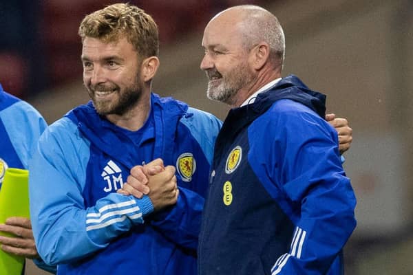 James Morrison (left) with Scotland manager Steve Clarke after the win over Georgia at Hampden. (Photo by Alan Harvey / SNS Group)