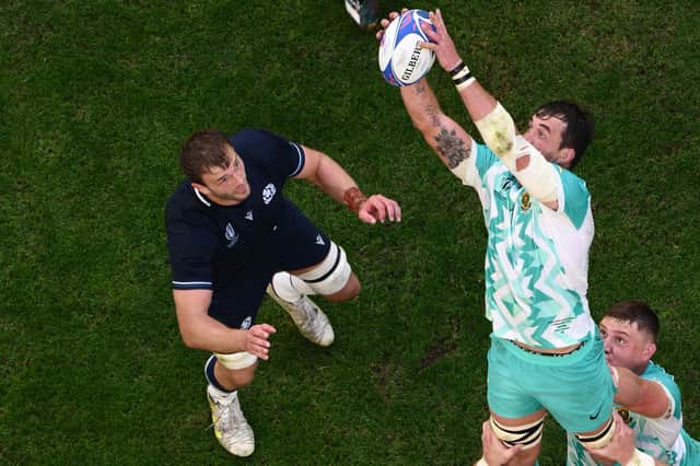 South Africa's lock Franco Mostert (R) catches the ball in a lineout during the France 2023 Rugby World Cup Pool B match between South Africa and Scotland at the Velodrome Stadium in Marseille, southern France on September 10, 2023. (Photo by CHRISTOPHE SIMON / AFP) (Photo by CHRISTOPHE SIMON/AFP via Getty Images)