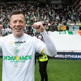 Celtic's Callum McGregor celebrates after securing the league title following a 2-0 win at Hearts on May 7.  (Photo by Craig Foy / SNS Group)