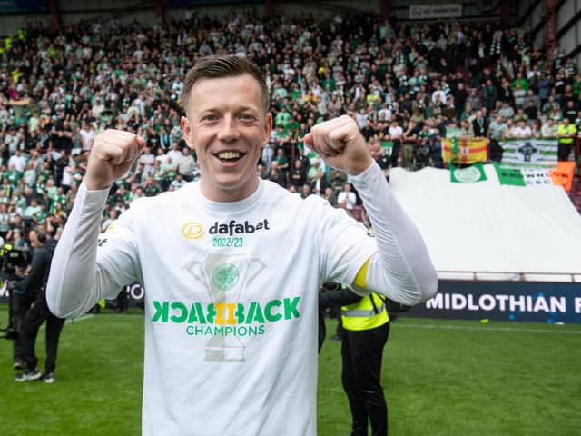 Celtic's Callum McGregor celebrates after securing the league title following a 2-0 win at Hearts on May 7.  (Photo by Craig Foy / SNS Group)