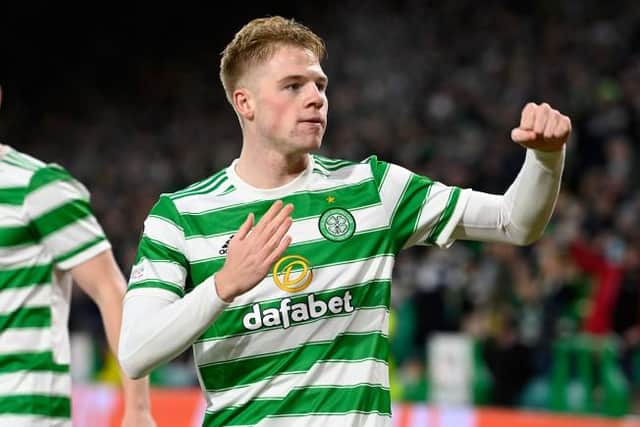 Celtic defender Stephen Welsh celebrates his early goal in the Europa League match against Real Betis at Celtic Park. (Photo by Rob Casey / SNS Group)