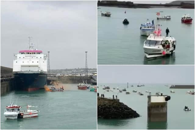 Screengrabs from video show French fishing vessels protesting outside the harbour at St Helier, with some crews setting off flares (Photo: Alex Ferguson/Josh Dearing/PA Media)