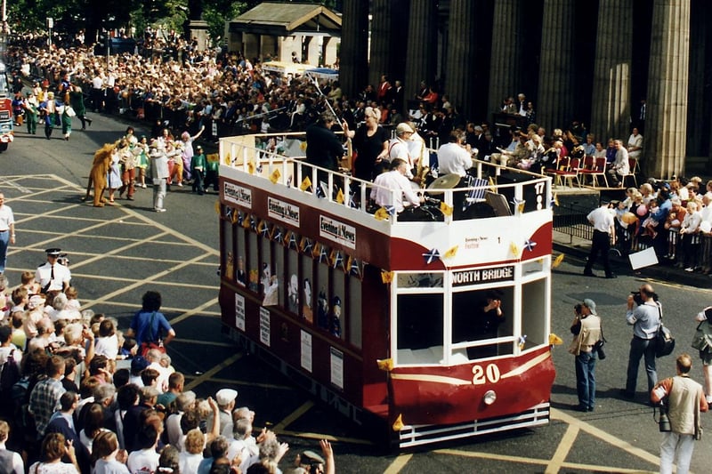The Edinburgh Evening News bus float (which was made up to resemble a vintage tramcar) at the Edinburgh International Festival Cavalcade in 1995.