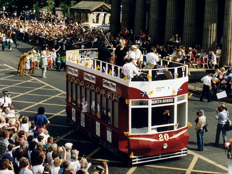 The Edinburgh Evening News bus float (which was made up to resemble a vintage tramcar) at the Edinburgh International Festival Cavalcade in 1995.