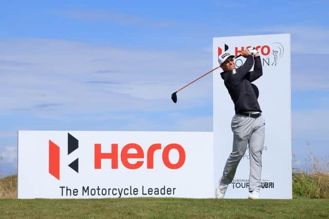 Calum Hill tees off on the second hole during the third round of the Hero Open at Fairmont St Andrews. Picture: Andrew Redington/Getty Images.