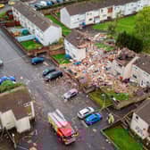 Aerial view of the devastation cause by an explosion on Kincaidston Drive Ayr, Scotland.  October 19, 2021.
