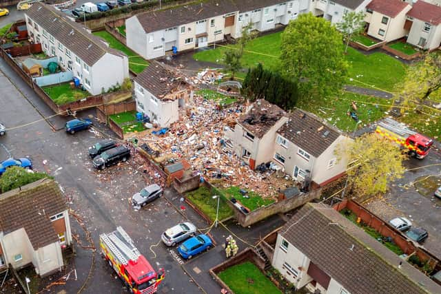 Aerial view of the devastation cause by an explosion on Kincaidston Drive Ayr, Scotland.  October 19, 2021.