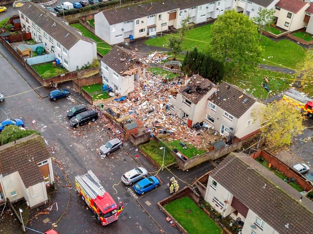Aerial view of the devastation cause by an explosion on Kincaidston Drive Ayr, Scotland.  October 19, 2021.